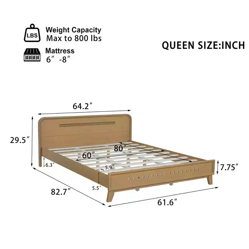 Cadre de lit King/Queen, Cadre de lit plateforme en pin massif, Sommier tapissier non requis, Jaune rustique - ModernLuxe