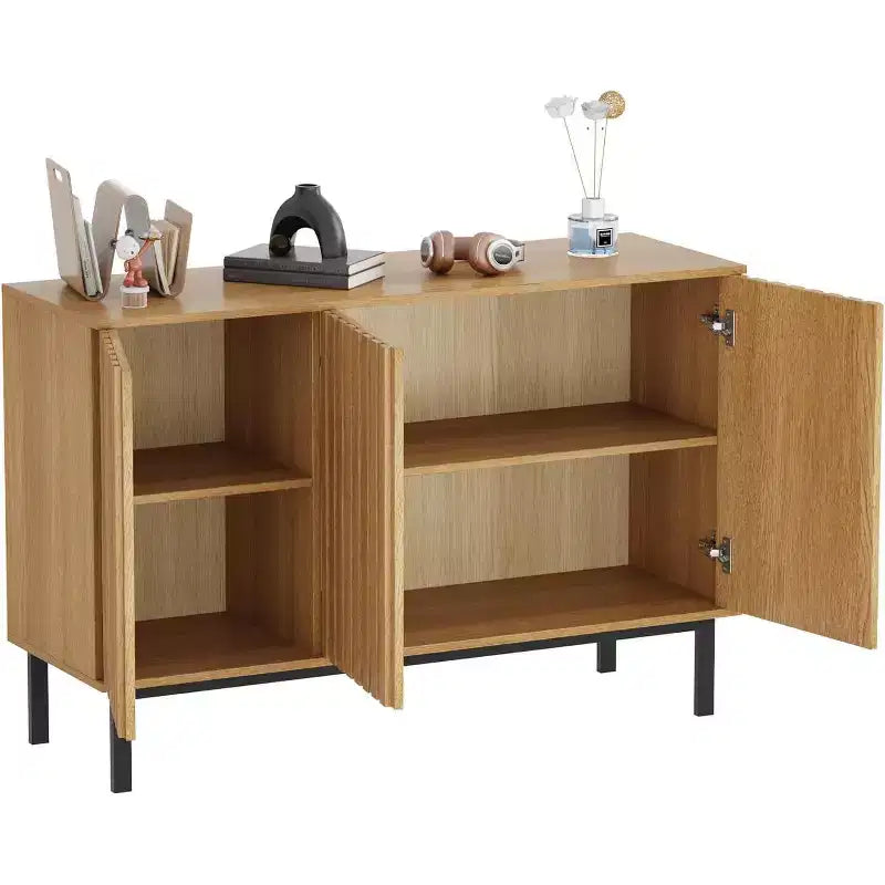 Bahut de buffet avec rangement et portes cannelées, meuble de rangement en bois sur pieds