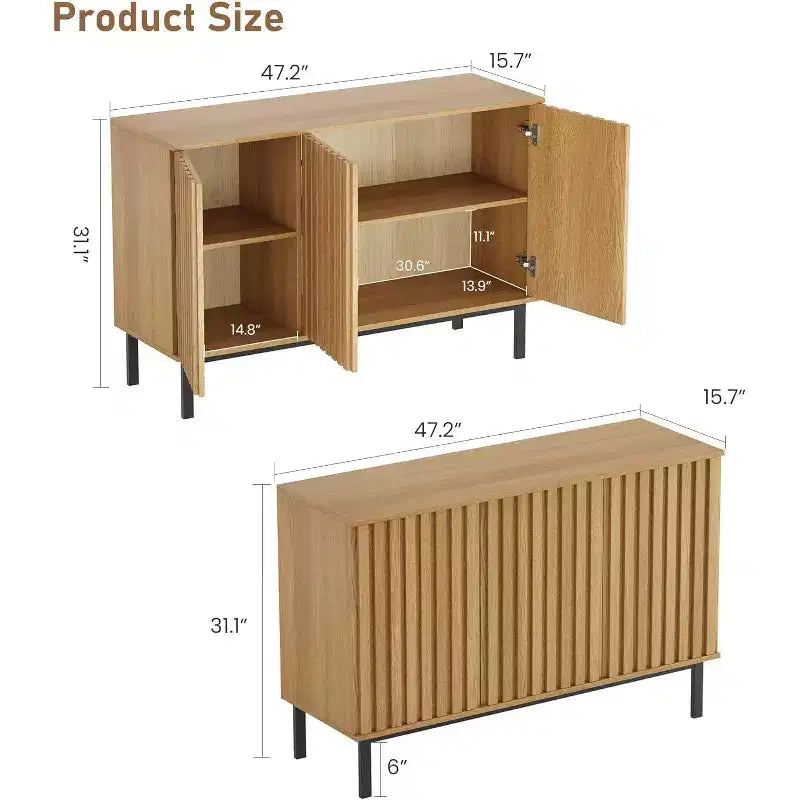 Bahut de buffet avec rangement et portes cannelées, meuble de rangement en bois sur pieds