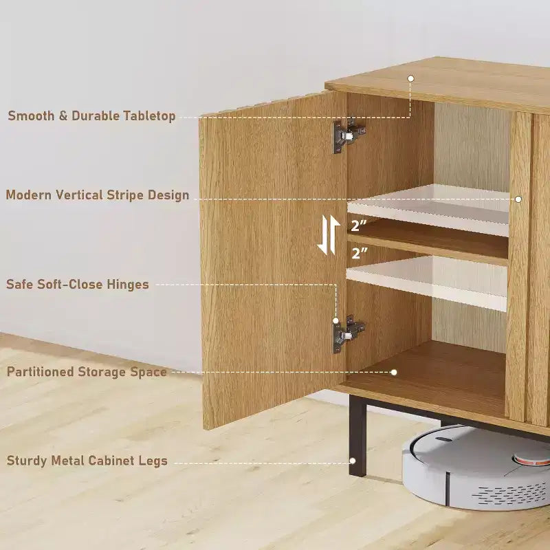Bahut de buffet avec rangement et portes cannelées, meuble de rangement en bois sur pieds