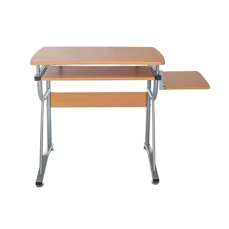 Bureau informatique compact avec étagère latérale et tablette clavier, cerisier