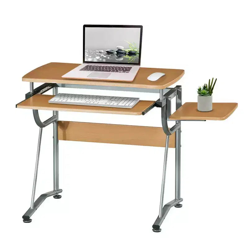 Bureau informatique compact avec étagère latérale et tablette clavier, cerisier