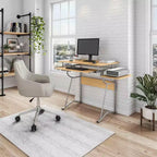Bureau informatique compact avec étagère latérale et tablette clavier, cerisier