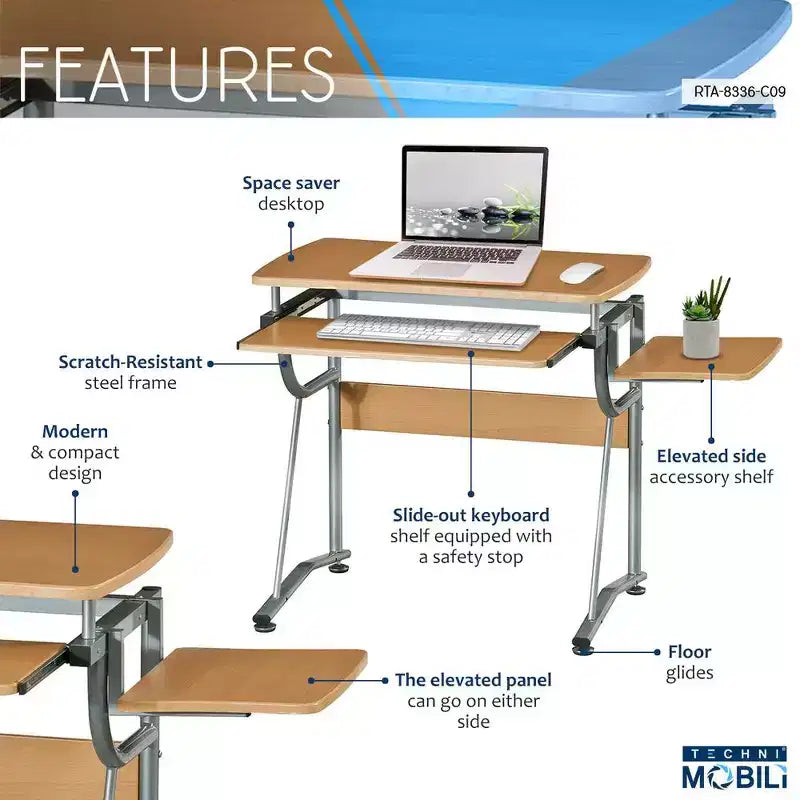Bureau informatique compact avec étagère latérale et tablette clavier, cerisier