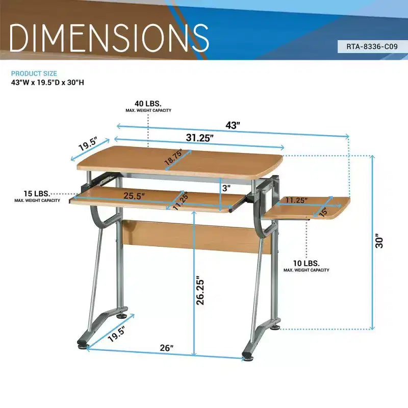Bureau informatique compact avec étagère latérale et tablette clavier, cerisier
