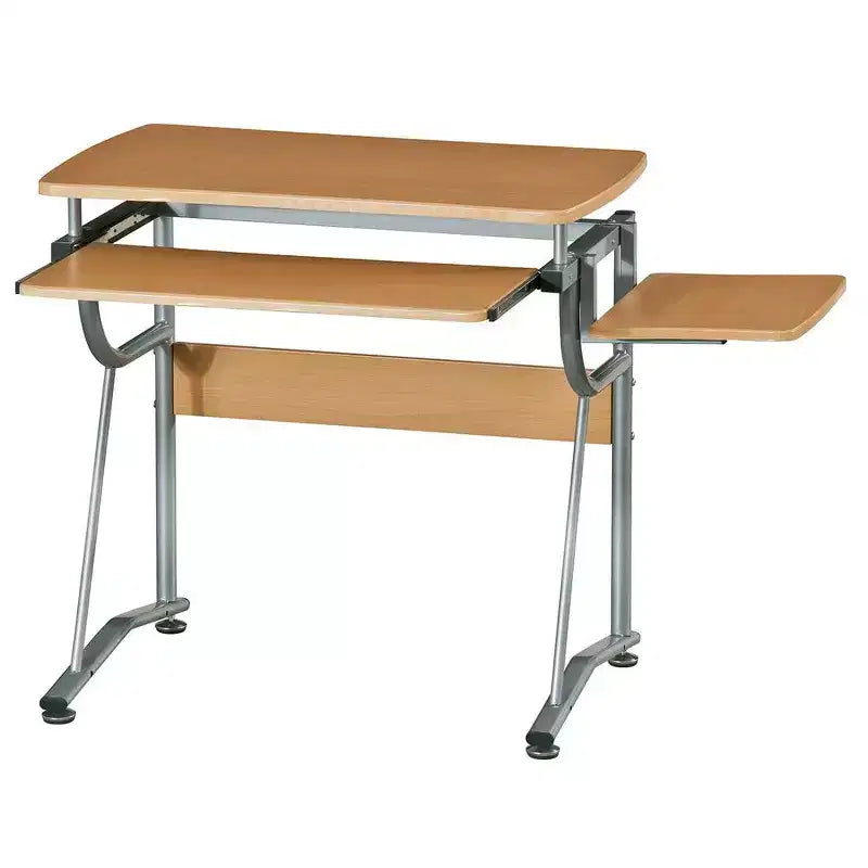 Bureau informatique compact avec étagère latérale et tablette clavier, cerisier