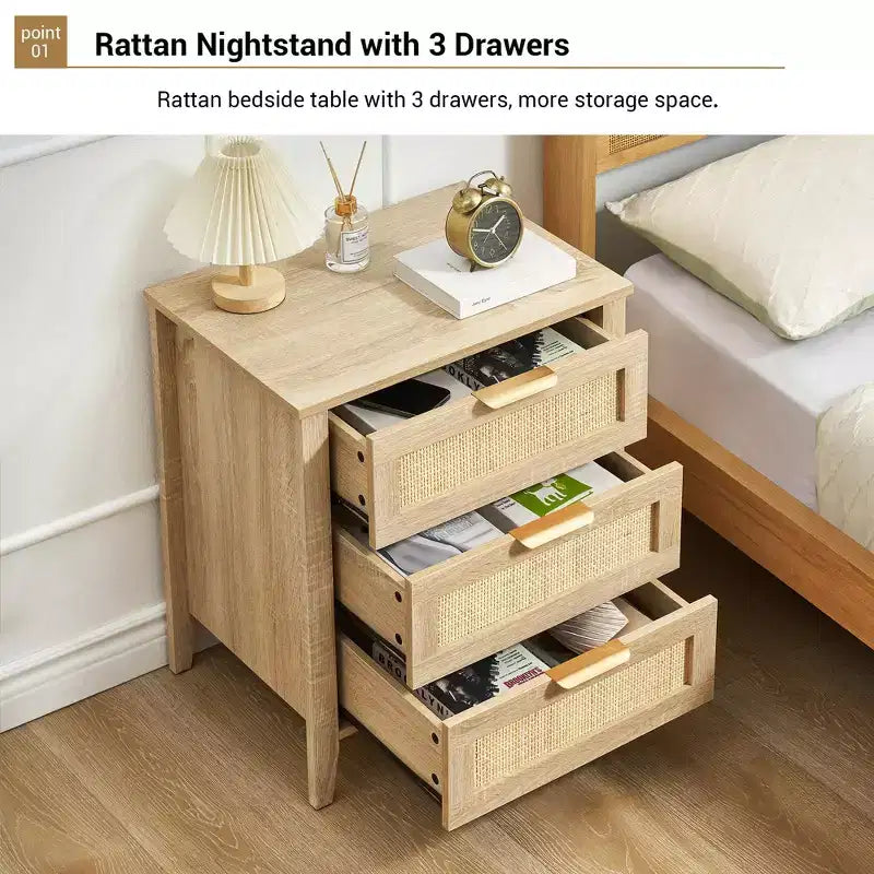Table de chevet en rotin, table de chevet bohème avec 3 tiroirs de rangement et une étagère de rangement, table de chevet avec pieds en bois robustes pour chambre d'enfants, ferme, chambre à coucher