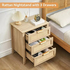Table de chevet en rotin, table de chevet bohème avec 3 tiroirs de rangement et une étagère de rangement, table de chevet avec pieds en bois robustes pour chambre d'enfants, ferme, chambre à coucher