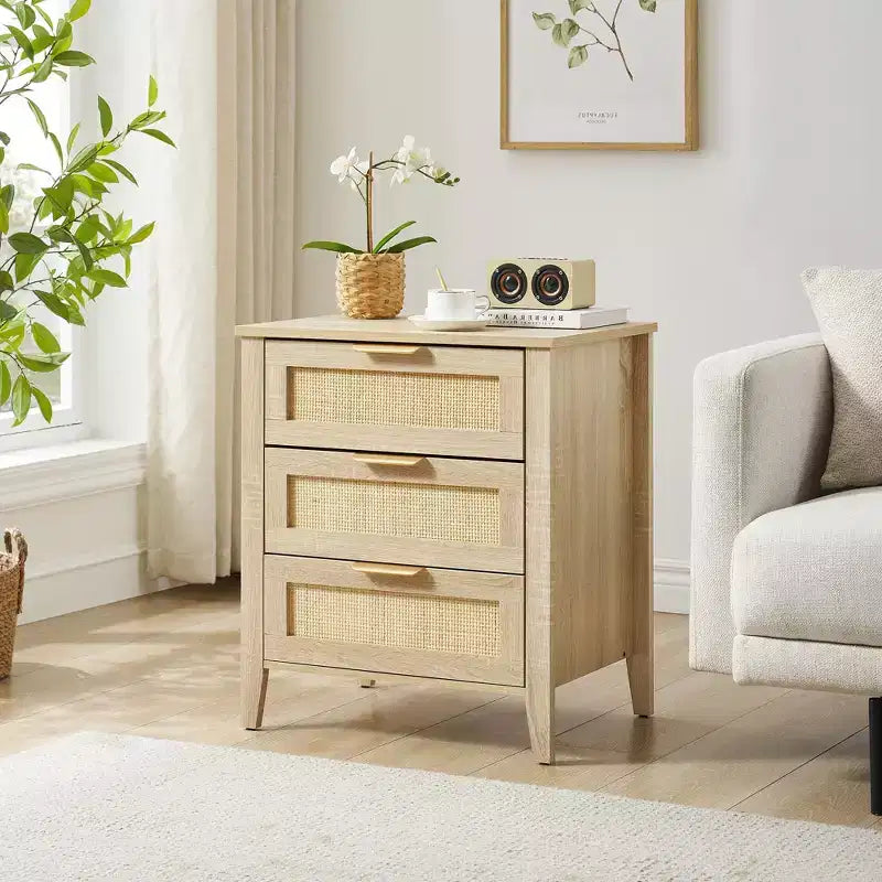 Table de chevet en rotin, table de chevet bohème avec 3 tiroirs de rangement et une étagère de rangement, table de chevet avec pieds en bois robustes pour chambre d'enfants, ferme, chambre à coucher