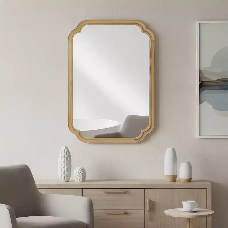 Miroir mural décoratif Okak à coins arrondis pour entrée, salle de bain, miroir de courtoisie en bois massif pour chambre à coucher