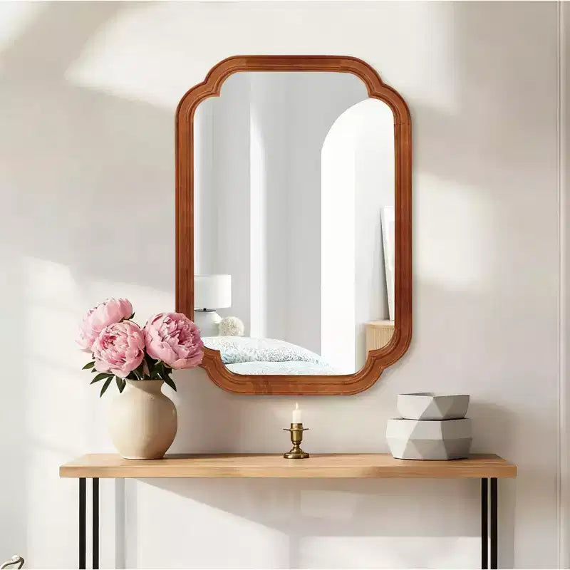 Miroir mural décoratif Okak à coins arrondis pour entrée, salle de bain, miroir de courtoisie en bois massif pour chambre à coucher