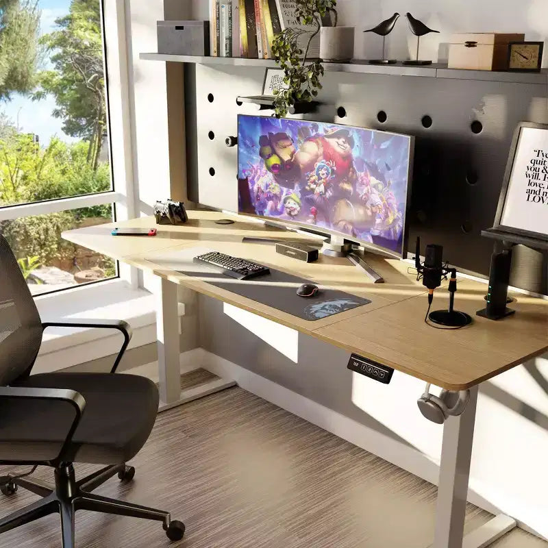 Bureau assis-debout réglable en hauteur Celebalcony 71'', bureaux d'ordinateur avec préréglages de mémoire, plateau de table épissé, cadre blanc