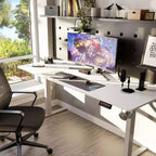 Bureau assis-debout réglable en hauteur Celebalcony 71'', bureaux d'ordinateur avec préréglages de mémoire, plateau de table épissé, cadre blanc