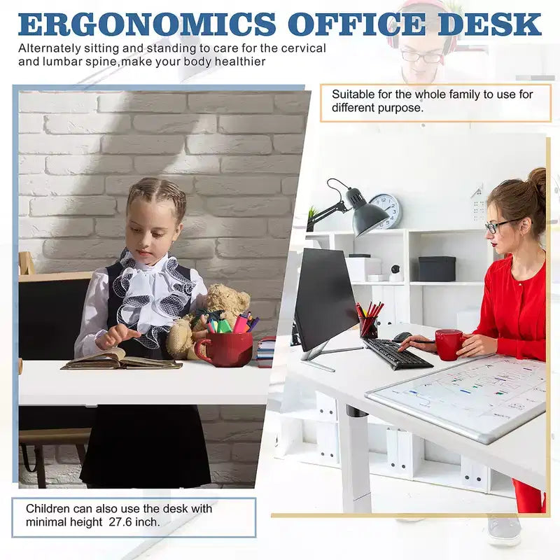 Bureau assis-debout réglable en hauteur Celebalcony 71'', bureaux d'ordinateur avec préréglages de mémoire, plateau de table épissé, cadre blanc