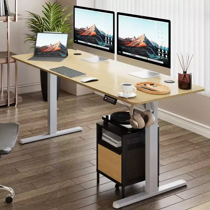 Bureau assis-debout réglable en hauteur Celebalcony 71'', bureaux d'ordinateur avec préréglages de mémoire, plateau de table épissé, cadre blanc