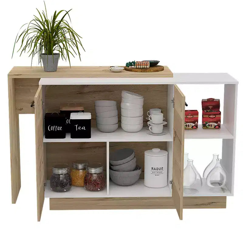Îlot de cuisine moderne Okak avec plateau au design unique, table îlot de cuisine avec 2 portes et 2 tiroirs, organisateur de comptoir pour la cuisine