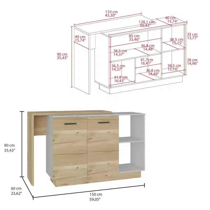 Îlot de cuisine moderne Okak avec plateau au design unique, table îlot de cuisine avec 2 portes et 2 tiroirs, organisateur de comptoir pour la cuisine
