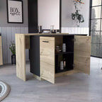 Îlot de cuisine moderne Okak avec plateau au design unique, table îlot de cuisine avec 2 portes et 2 tiroirs, organisateur de comptoir pour la cuisine