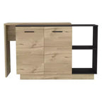 Îlot de cuisine moderne Okak avec plateau au design unique, table îlot de cuisine avec 2 portes et 2 tiroirs, organisateur de comptoir pour la cuisine