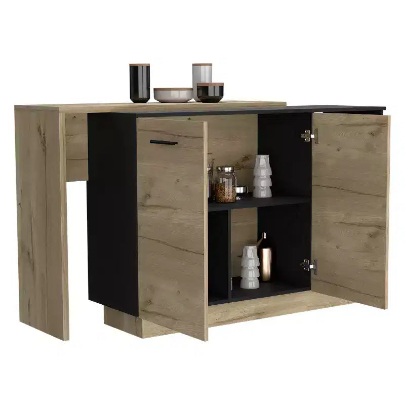 Îlot de cuisine moderne Okak avec plateau au design unique, table îlot de cuisine avec 2 portes et 2 tiroirs, organisateur de comptoir pour la cuisine