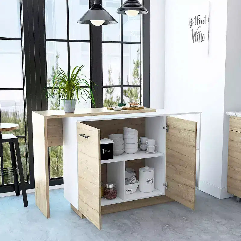 Îlot de cuisine moderne Okak avec plateau au design unique, table îlot de cuisine avec 2 portes et 2 tiroirs, organisateur de comptoir pour la cuisine