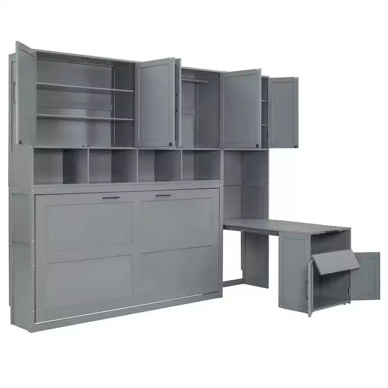 Lit escamotable double avec tiroirs et bureau, cadre de lit mural avec armoire de rangement et étagères, lit escamotable double pour bureau à domicile
