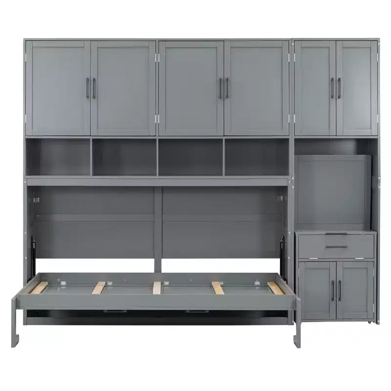 Lit escamotable double avec tiroirs et bureau, cadre de lit mural avec armoire de rangement et étagères, lit escamotable double pour bureau à domicile