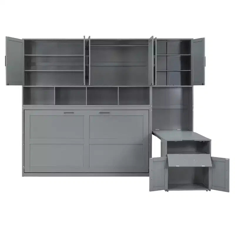 Lit escamotable double avec tiroirs et bureau, cadre de lit mural avec armoire de rangement et étagères, lit escamotable double pour bureau à domicile