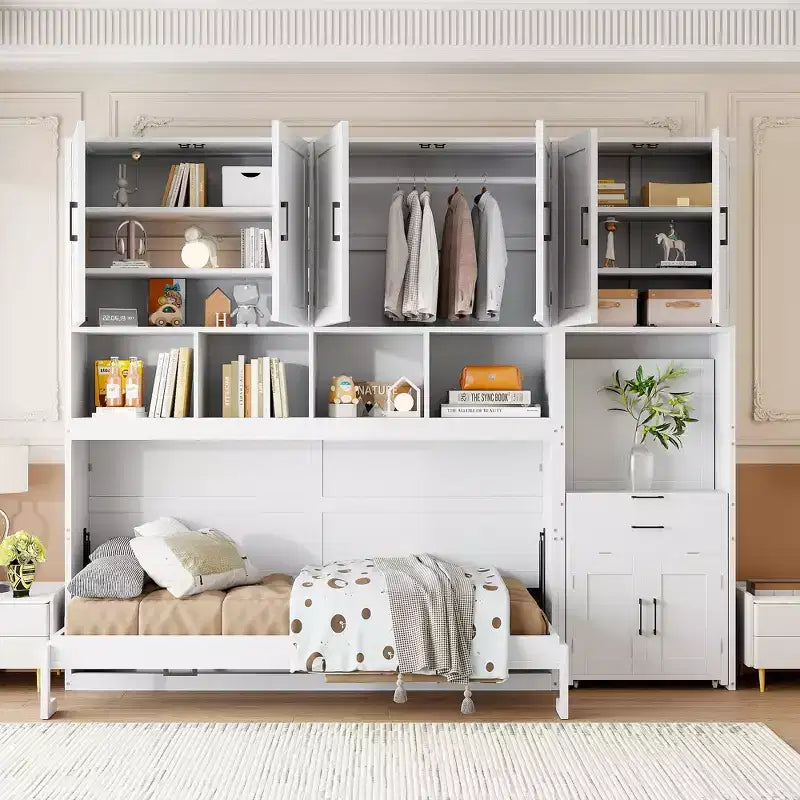 Lit escamotable double avec tiroirs et bureau, cadre de lit mural avec armoire de rangement et étagères, lit escamotable double pour bureau à domicile