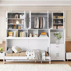Lit escamotable double avec tiroirs et bureau, cadre de lit mural avec armoire de rangement et étagères, lit escamotable double pour bureau à domicile