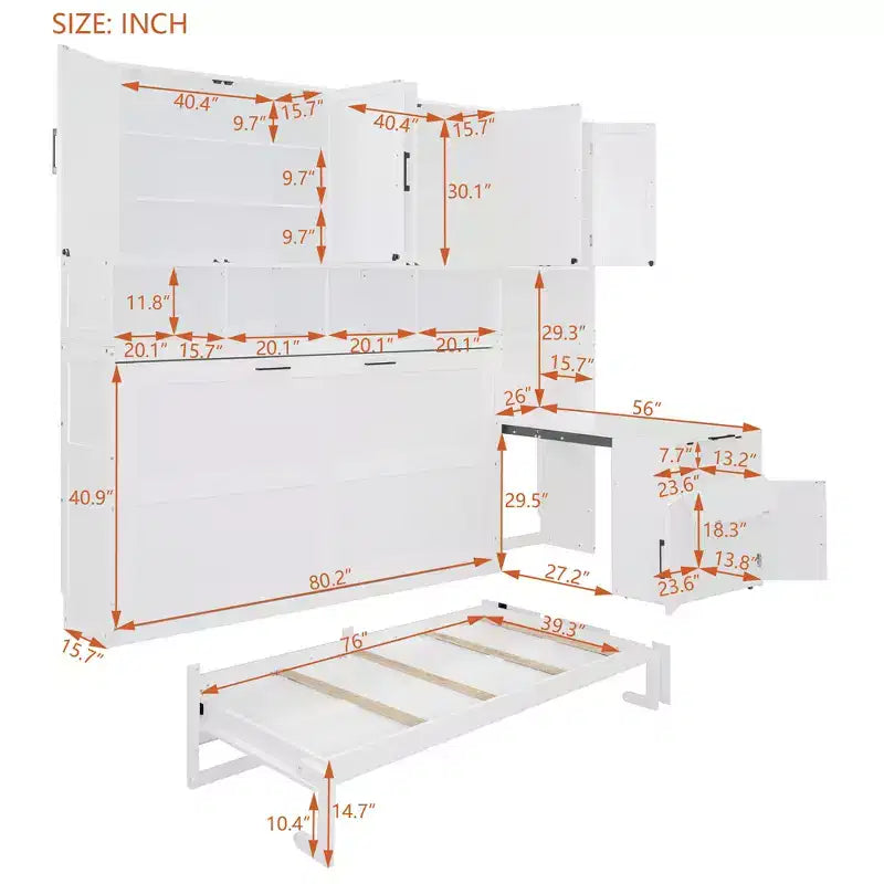 Lit escamotable double avec tiroirs et bureau, cadre de lit mural avec armoire de rangement et étagères, lit escamotable double pour bureau à domicile