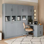 Lit escamotable double avec tiroirs et bureau, cadre de lit mural avec armoire de rangement et étagères, lit escamotable double pour bureau à domicile