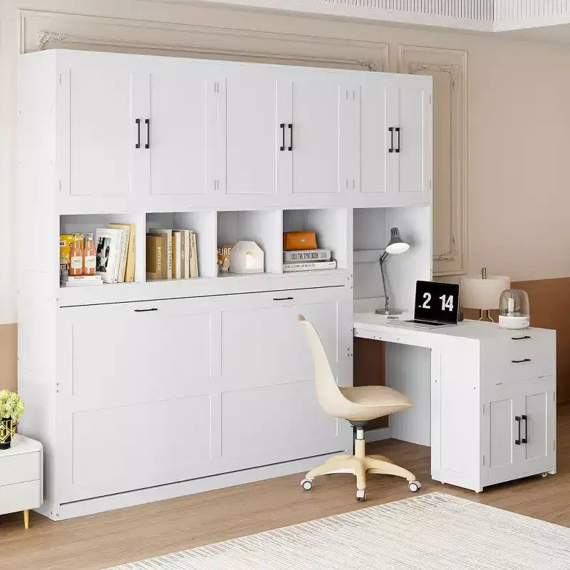 Lit escamotable double avec tiroirs et bureau, cadre de lit mural avec armoire de rangement et étagères, lit escamotable double pour bureau à domicile