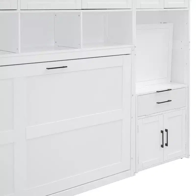 Lit escamotable double avec tiroirs et bureau, cadre de lit mural avec armoire de rangement et étagères, lit escamotable double pour bureau à domicile