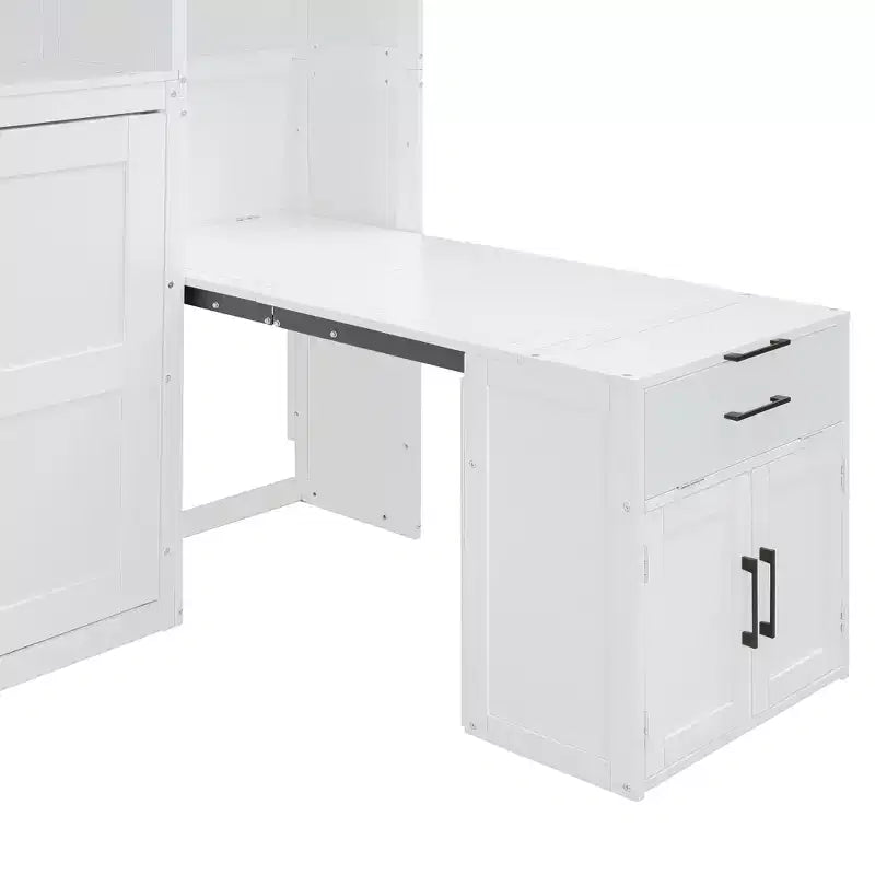 Lit escamotable double avec tiroirs et bureau, cadre de lit mural avec armoire de rangement et étagères, lit escamotable double pour bureau à domicile