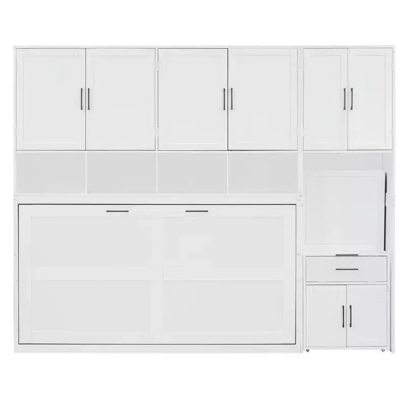 Lit escamotable double avec tiroirs et bureau, cadre de lit mural avec armoire de rangement et étagères, lit escamotable double pour bureau à domicile