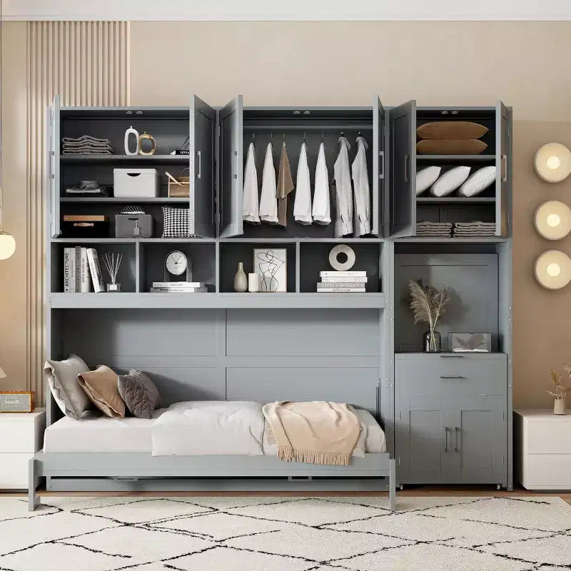 Lit escamotable double avec tiroirs et bureau, cadre de lit mural avec armoire de rangement et étagères, lit escamotable double pour bureau à domicile