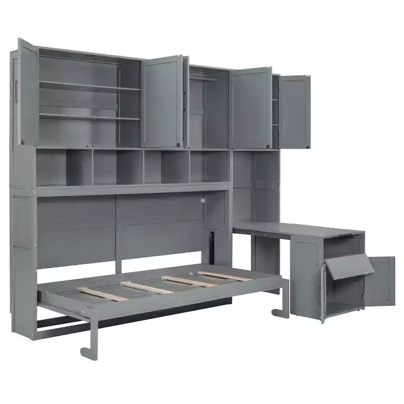Lit escamotable double avec tiroirs et bureau, cadre de lit mural avec armoire de rangement et étagères, lit escamotable double pour bureau à domicile