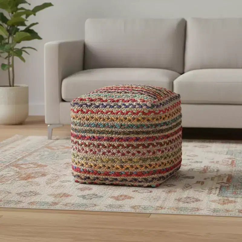 HomeRoots Pouf-Ottoman Rayé en Jute et Polyester Tressé Naturel et Arc-en-ciel 18