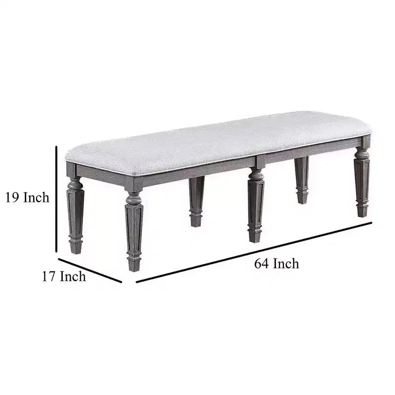 Banc de salle à manger Royal Hampton avec pieds tournés, bois gris et tissu de 64 pouces