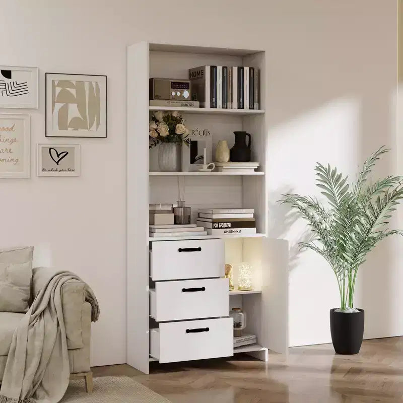 Bibliothèque haute de 180 cm avec porte, 3 tiroirs et étagères ouvertes, armoire de rangement en bois à 6 niveaux pour bureau, salon, chambre à coucher