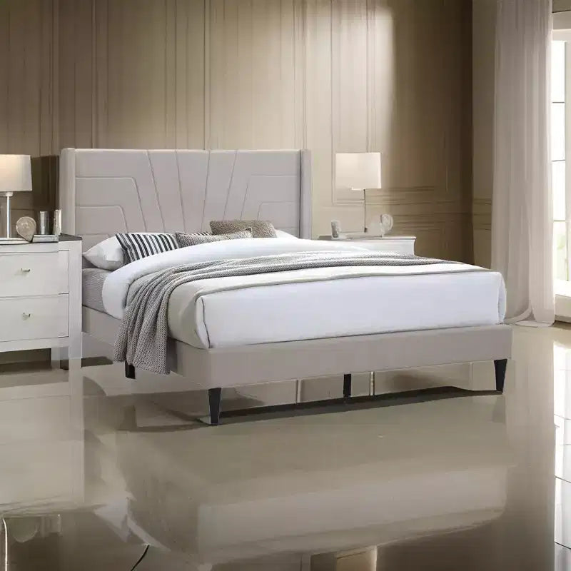 Royal Hampton Queen Size Bed with Tufted Headboard, Brown Burlap Upholstery, Wood