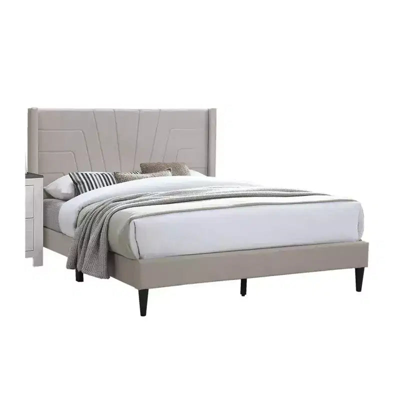 Lit Queen Size Royal Hampton avec tête de lit capitonnée, revêtement en toile de jute marron, bois