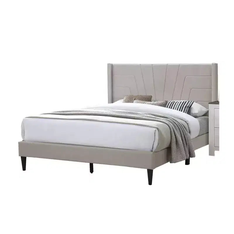 Lit Queen Size Royal Hampton avec tête de lit capitonnée, revêtement en toile de jute marron, bois