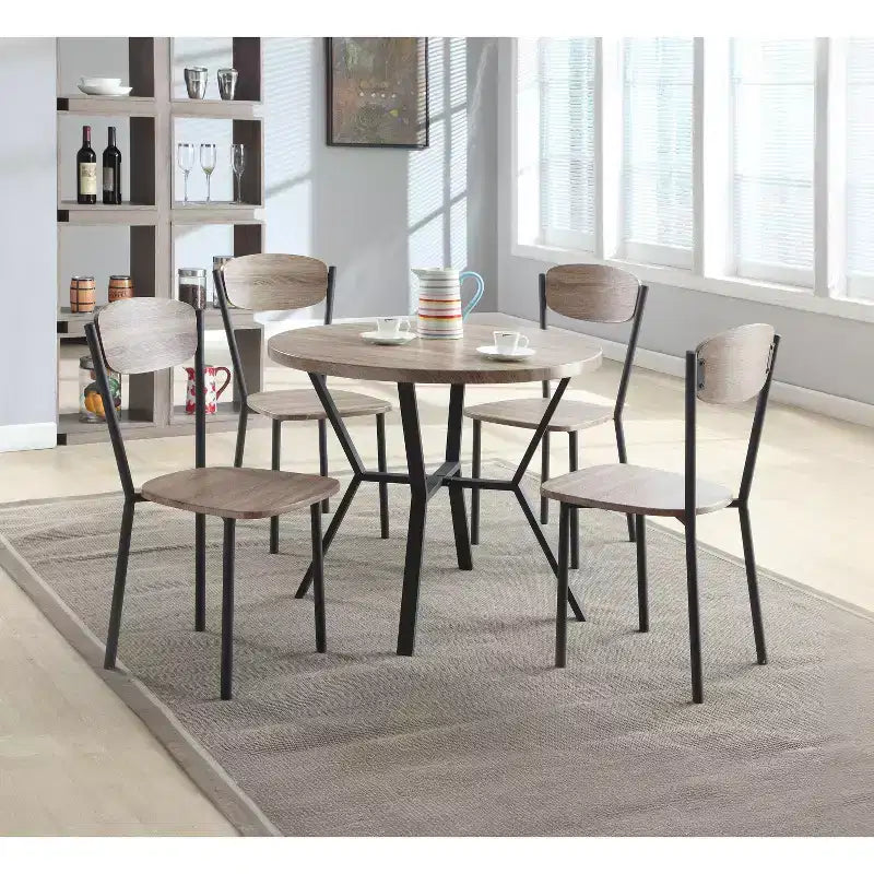 Ensemble de salle à manger 5 pièces Okak de style industriel avec table et chaises à dossier pour salle à manger, restaurant, ensemble dinette en métal et bois pour dîner en famille