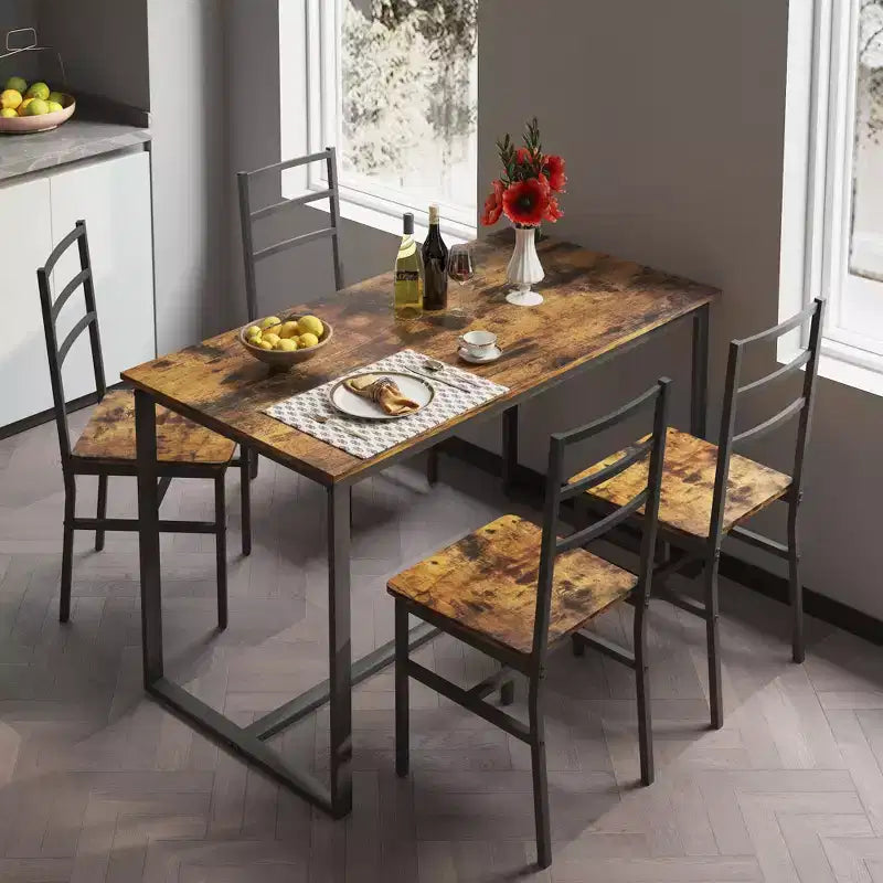 Ensemble de salle à manger 5 pièces Okak de style industriel avec table et chaises à dossier pour salle à manger, restaurant, ensemble dinette en métal et bois pour dîner en famille