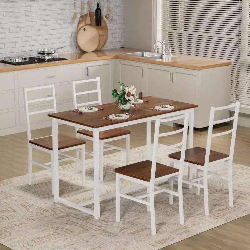 Ensemble de salle à manger 5 pièces Okak de style industriel avec table et chaises à dossier pour salle à manger, restaurant, ensemble dinette en métal et bois pour dîner en famille
