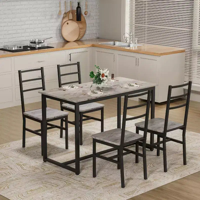 Ensemble de salle à manger 5 pièces Okak de style industriel avec table et chaises à dossier pour salle à manger, restaurant, ensemble dinette en métal et bois pour dîner en famille