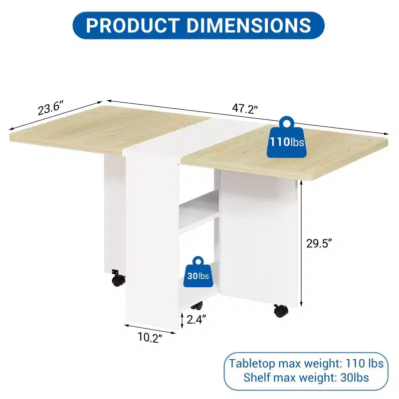 Table à manger pliante GustoWave peu encombrante avec rangement à 2 niveaux - Extensible, rectangulaire, pour la cuisine ou le bureau