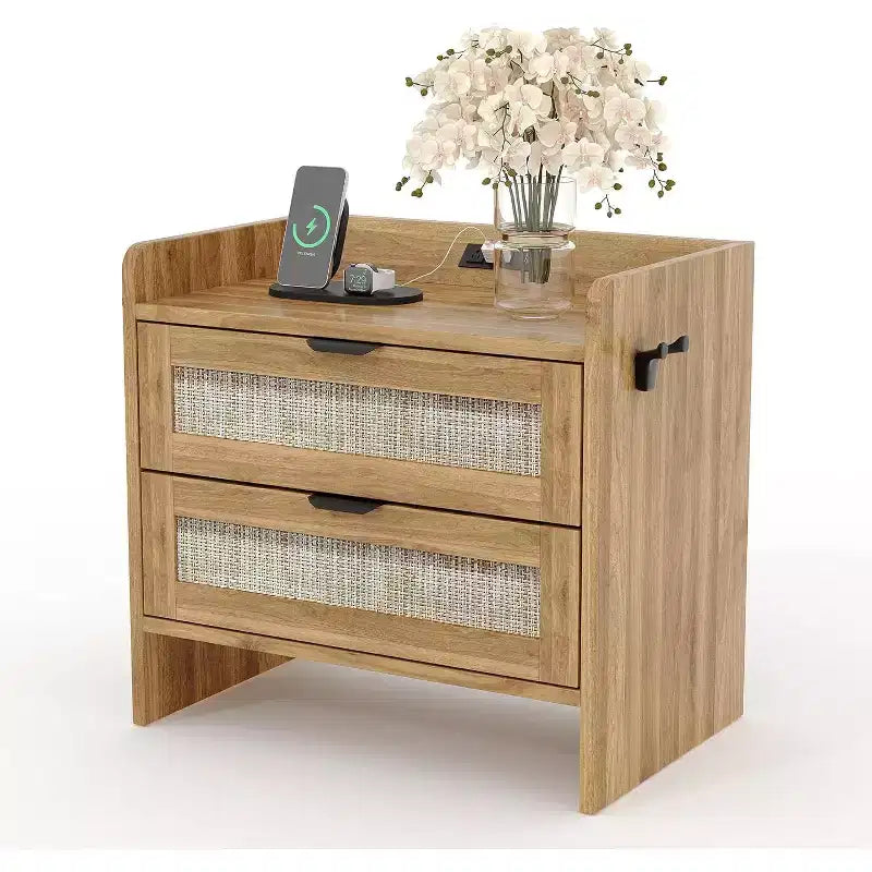 Table de Chevet en Rotin, Table de Nuit Bohème avec 2 Tiroirs de Rangement, Table d'Appoint, Table d'Extrémité de Canapé pour Chambre, Bureau, Salon